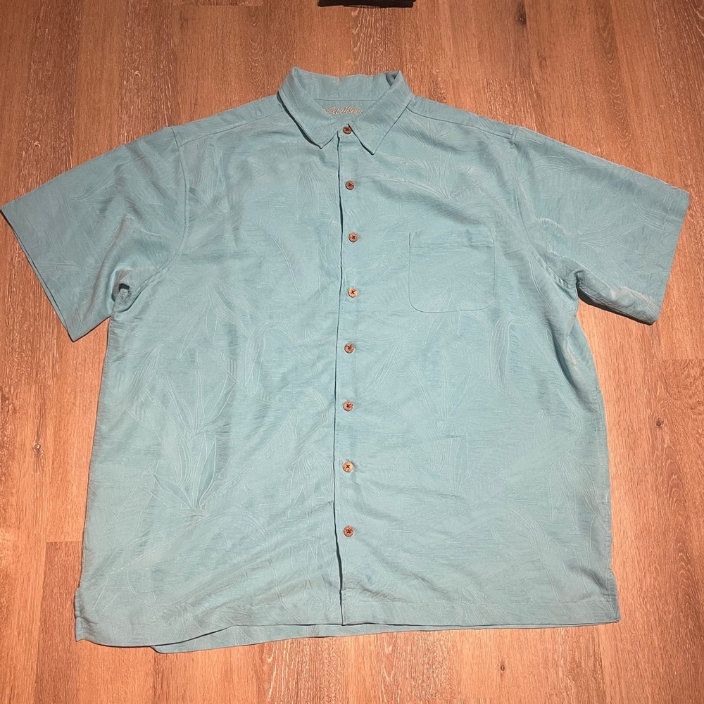 Caribbean 3XT Men Blue Button Down Shirt Short Sleeve Palm Leaf Pattern SEE NOTE